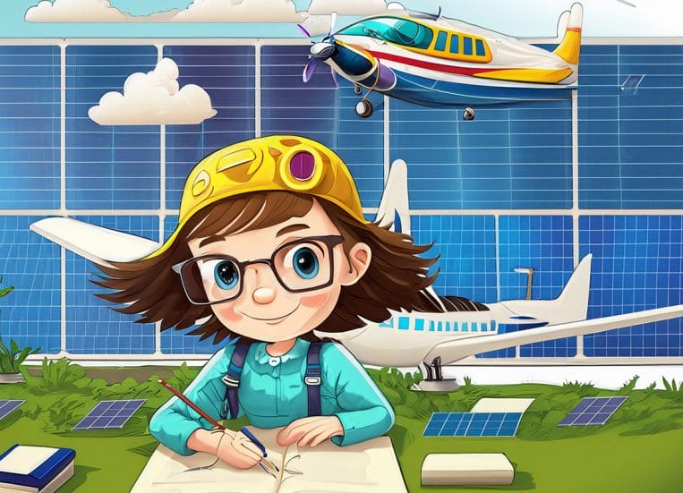 Tekoälyllä tuotettu kuva lapsesta piirtämässä ja lentokoneita taustalla.