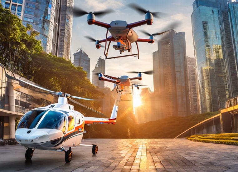 Tekoälyllä tuotettu kuva helikopterista ja droneista tulevaisuuden kaupungissa.