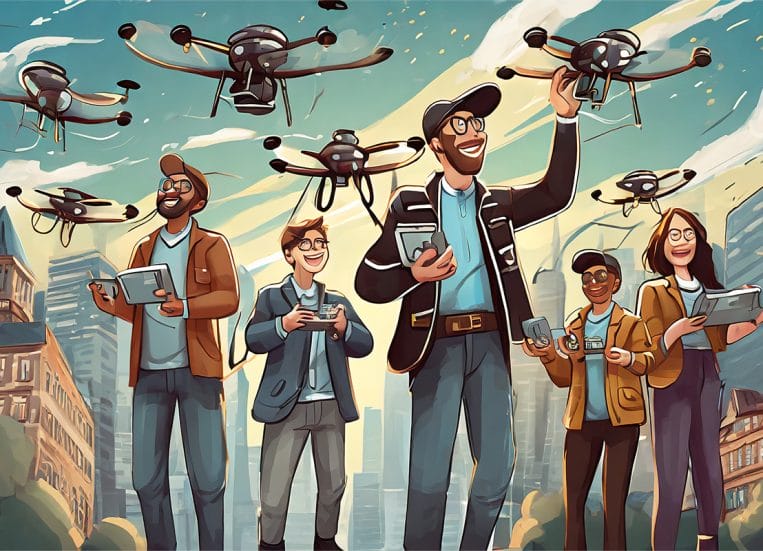 Tekoälyllä toteutettu piirroskuva ihmisistä ihailemassa ilmassa lentäviä droneja.