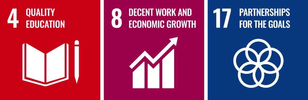 UN sustainable development goals 4. quality education, 8. decent work and economic growth, 17. partnerships for the goals