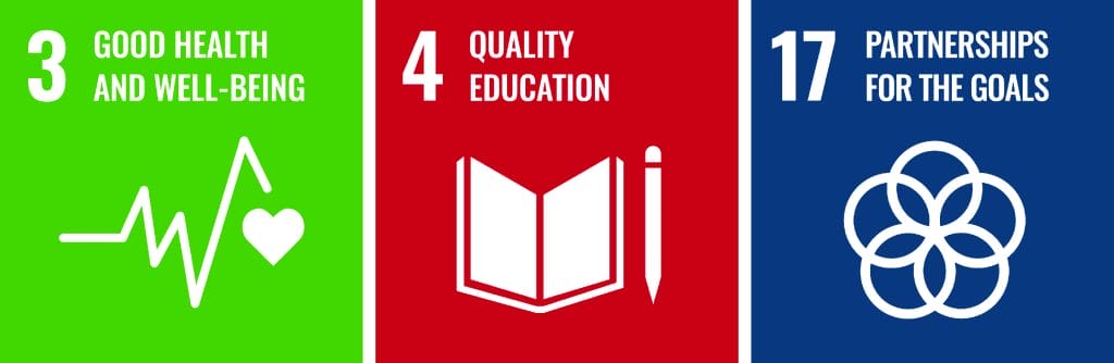 UN sustainable development goals 3. good health and well-being, 4. quality education, 17. partnerships for the goals