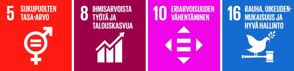 YK:n kestävän kehityksen tavoitteet 5. sukupuolten tasa-arvo, 8. ihmisarvoista työtä ja talouskasvua, 10 eriarvoisuuden vähentäminen, 16. rauha, oikeudenmukaisuus ja hyvä hallinto