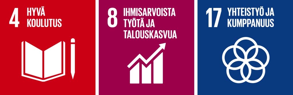 YK:n kestävän kehityksen tavoitteet 4. hyvä koulutus, 8. ihmisarvoista työtä ja talouskasvua, 17. yhteistyö ja kumppanuus