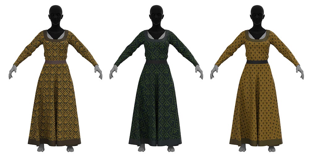 Kolme digitaalista mekkoa mallinnettuna hahmojen päälle.
