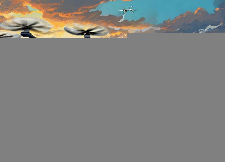Tekoälyllä tuotettu kuva, jossa helikopteri lentää yhdessä dronejen kanssa.