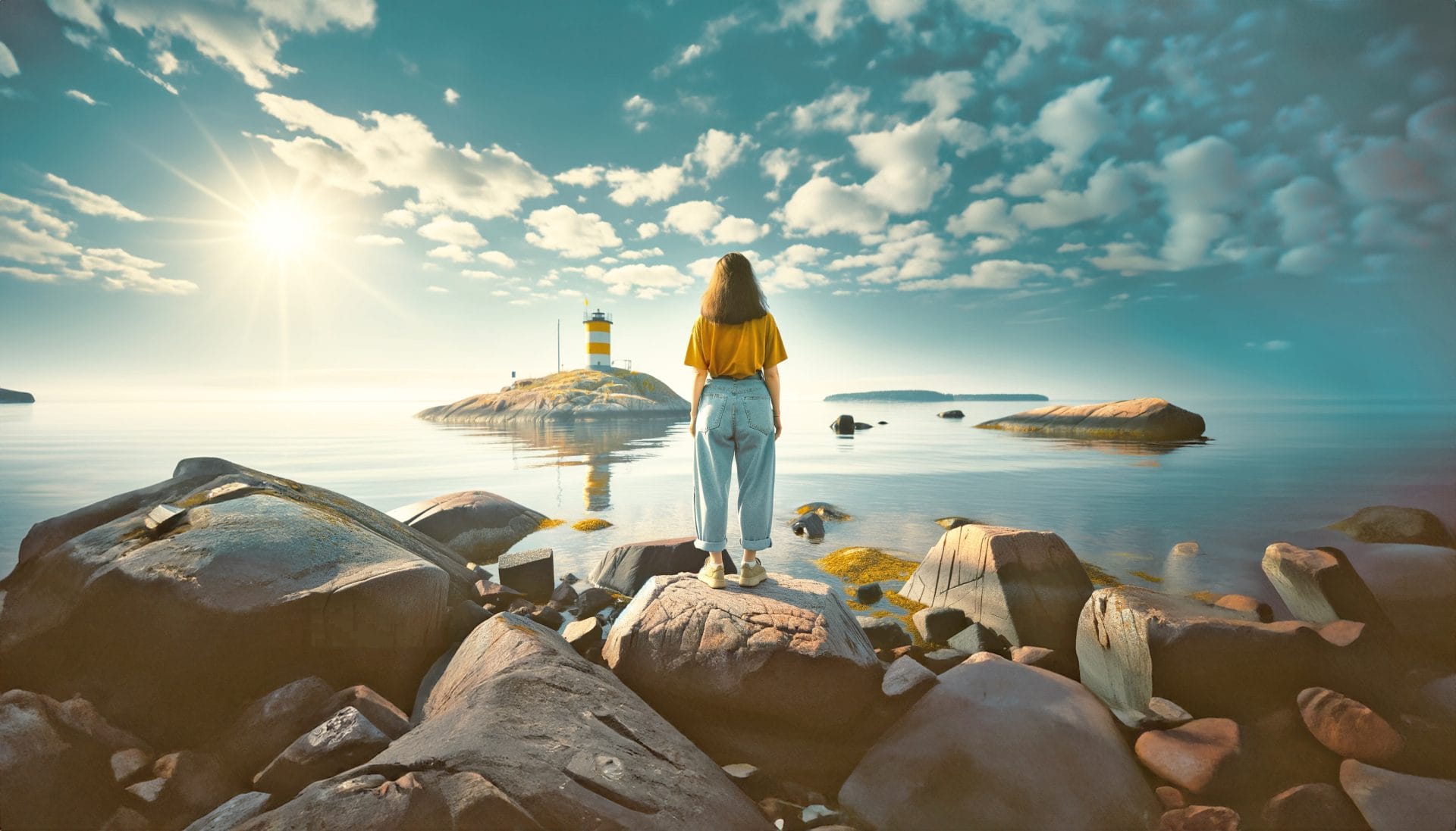 Nainen katsoo merimaisemaa, taustalla on majakka ja sininen taivas