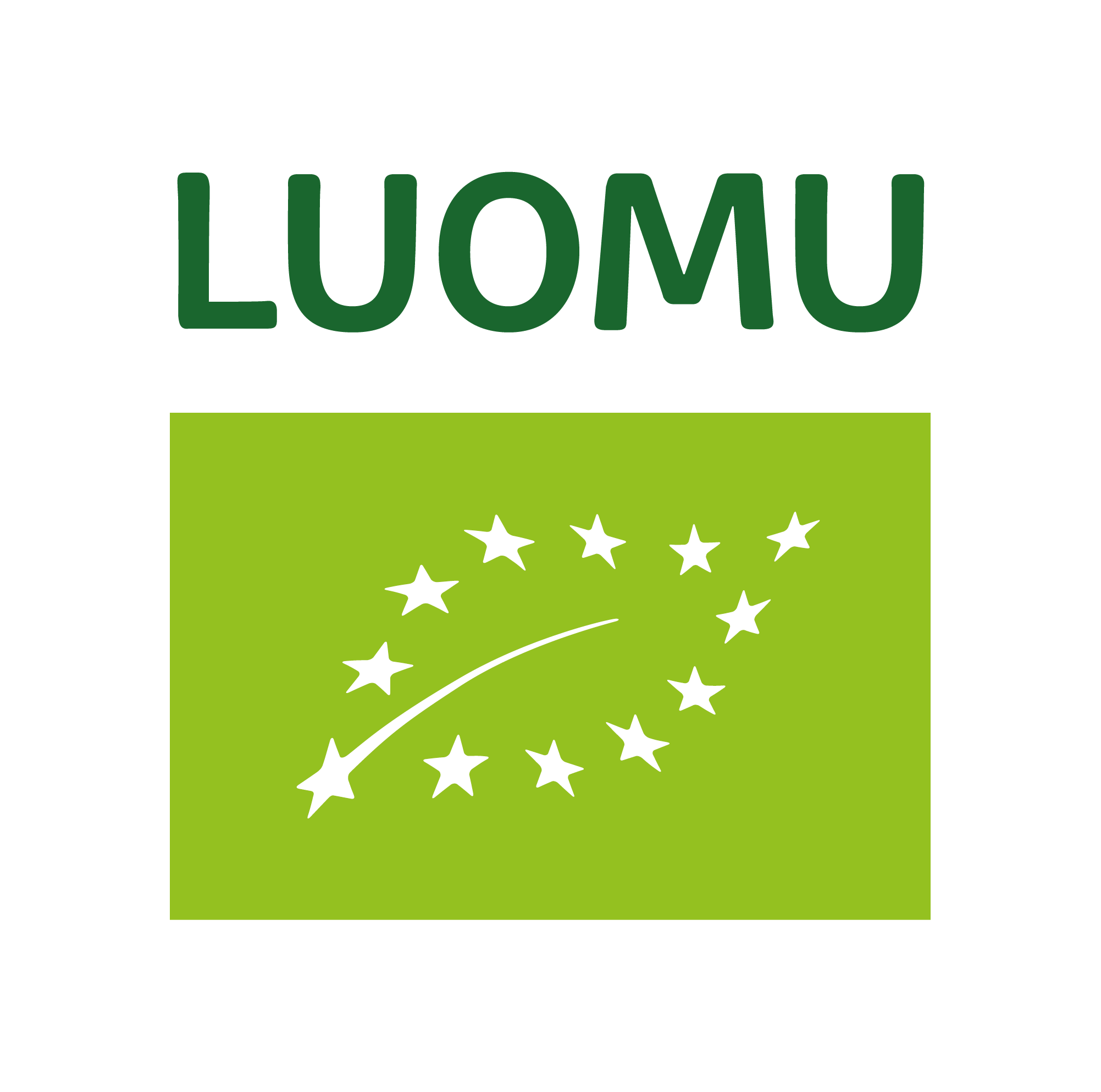Vihreä suorkakaiteen muotoinen alue, jossa valkoisilla tähdillä rajattu lehden muoto. Sen yläpuolella teksti LUOMU.